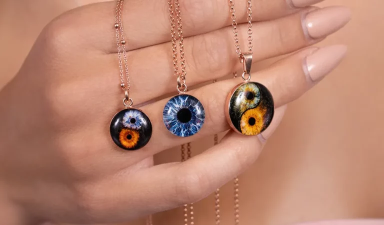 iris fotografie schmuckartikel: drei halsketten aus gold und silber mit fotoanhängern von iriden.